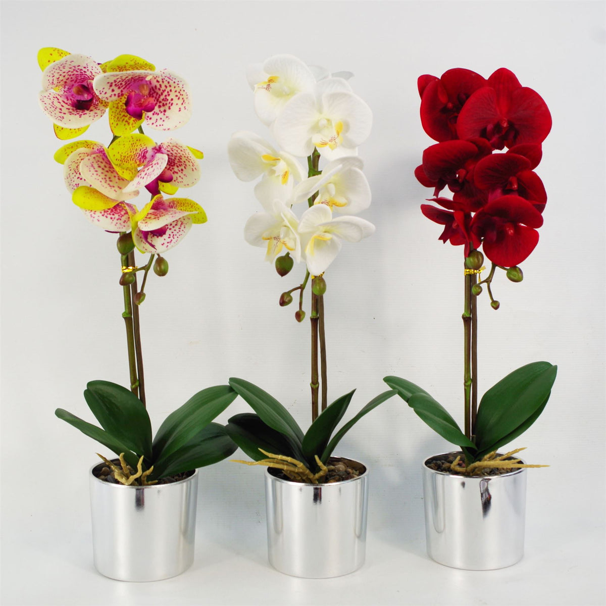 Leaf Design 46cm Artificial Orchid – Red Real Touch Flowers in Decorative Silver Pot