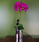 Leaf 52cm Large Artificial Orchid with 15 Real Touch Flowers – Silver Shiny Pot, Dark Pink
