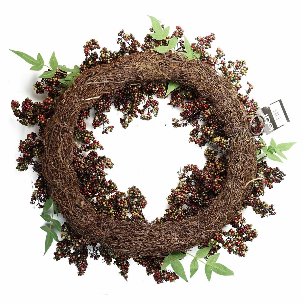 Leaf 55cm Artificial Hanging Wreath with Black and Red Berries – Realistic Door Decoration