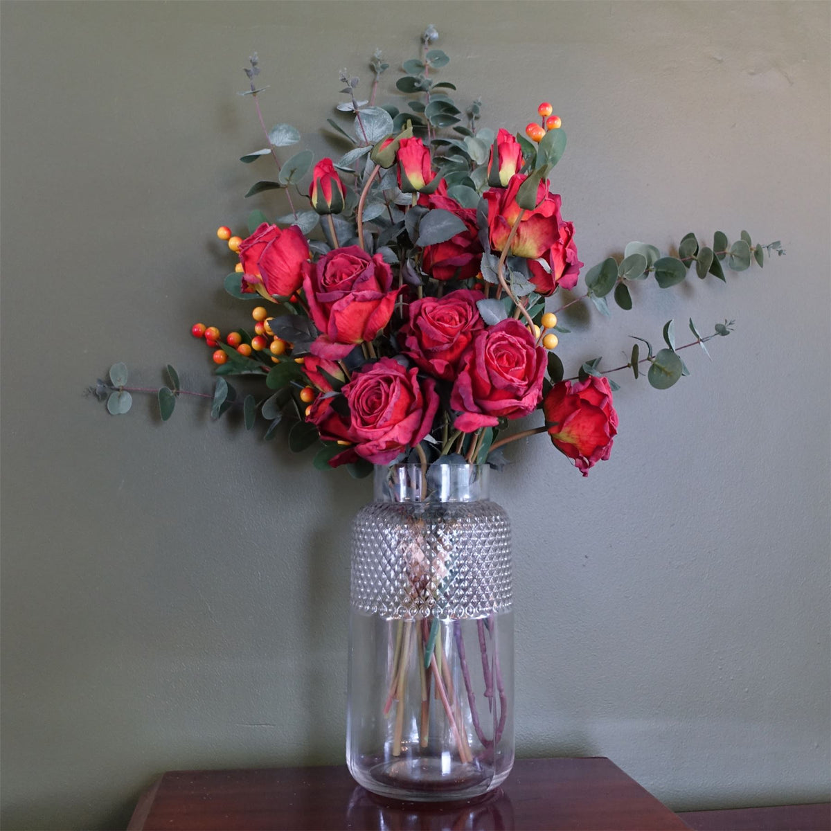 Leaf 60cm Artificial Red Rose & Eucalyptus Arrangement with Glass Diamond Vase – Orange Berry Display