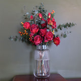 Leaf 60cm Artificial Red Rose & Eucalyptus Arrangement with Glass Diamond Vase – Orange Berry Display