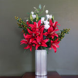 Leaf 80cm Artificial Red Lily Arrangement with Silver Glass Vase – Roses, Berries & Foliage Display, Red