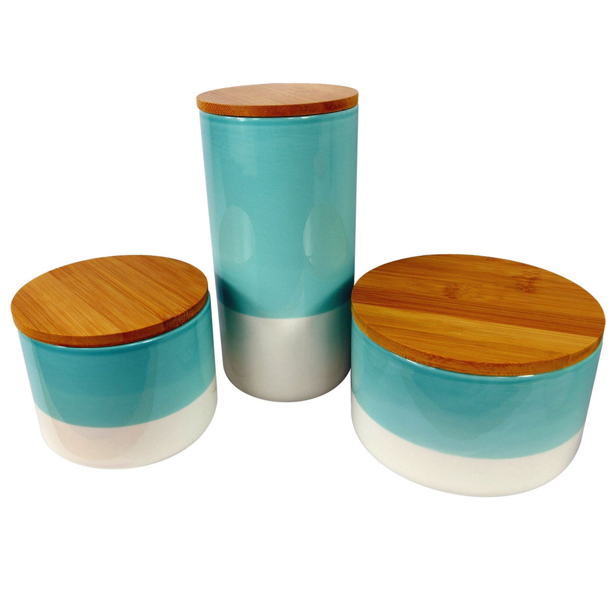 Leaf Set of 3 Ceramic Storage Canisters with Bamboo Lids – Kitchen Tea, Coffee & Sugar Jars, Aqua Green