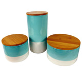 Leaf Set of 3 Ceramic Storage Canisters with Bamboo Lids – Kitchen Tea, Coffee & Sugar Jars, Aqua Green