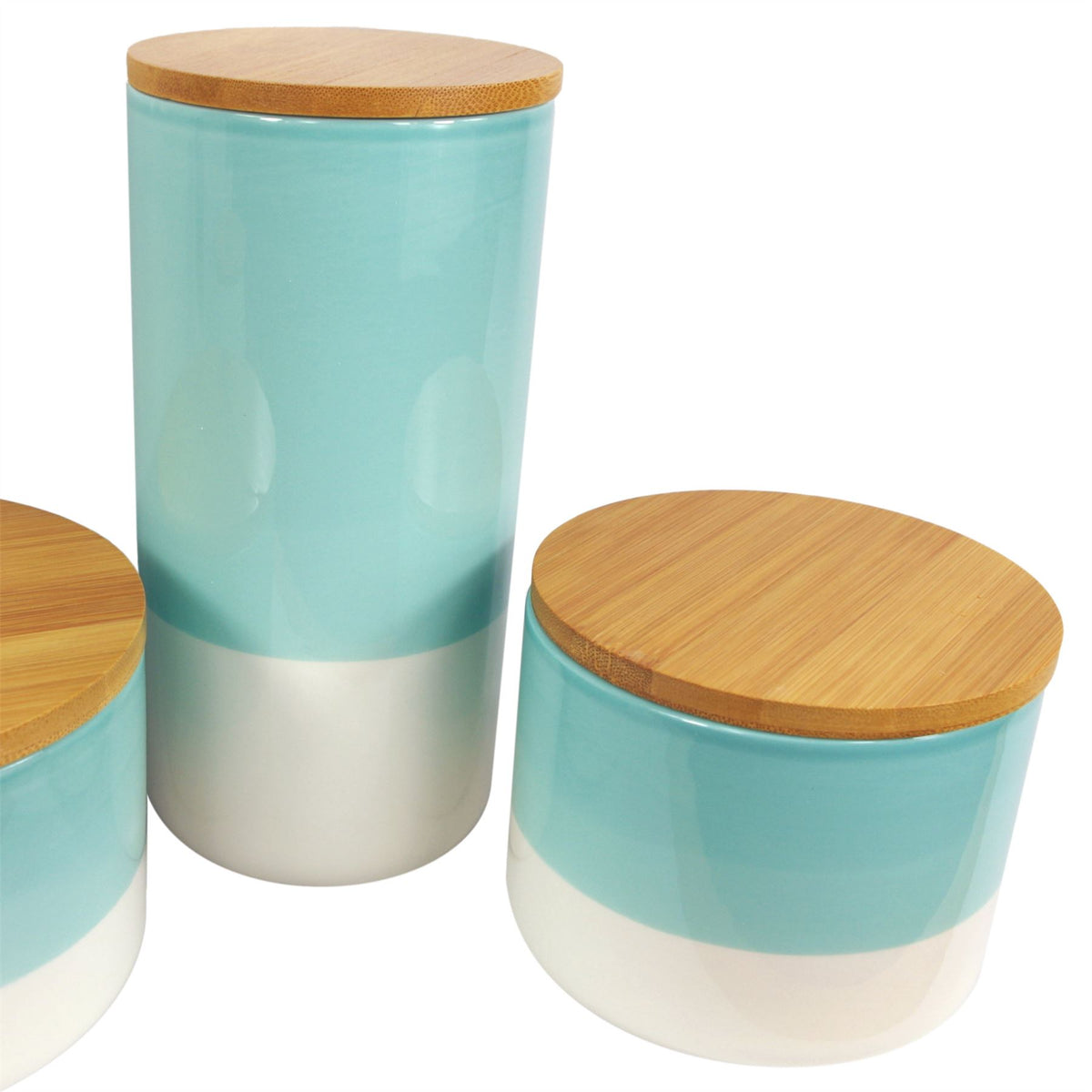 Leaf Set of 3 Ceramic Storage Canisters with Bamboo Lids – Kitchen Tea, Coffee & Sugar Jars, Aqua Green