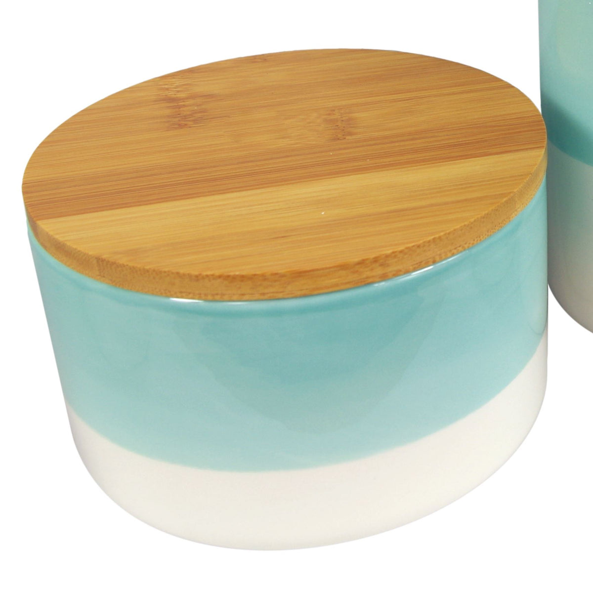 Leaf Set of 3 Ceramic Storage Canisters with Bamboo Lids – Kitchen Tea, Coffee & Sugar Jars, Aqua Green