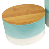Leaf Set of 3 Ceramic Storage Canisters with Bamboo Lids – Kitchen Tea, Coffee & Sugar Jars, Aqua Green