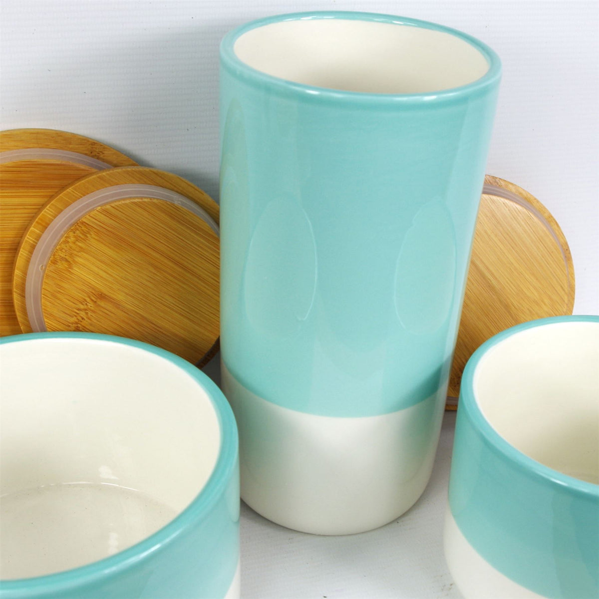 Leaf Set of 3 Ceramic Storage Canisters with Bamboo Lids – Kitchen Tea, Coffee & Sugar Jars, Aqua Green