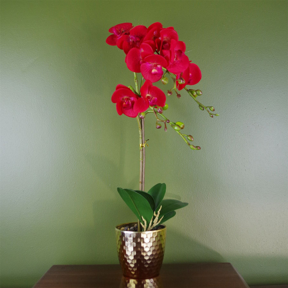 Leaf 50cm Phalaenopsis Artificial Orchid with 10 Real Touch Flowers – Red Leopard in Gold Honeycomb Pot