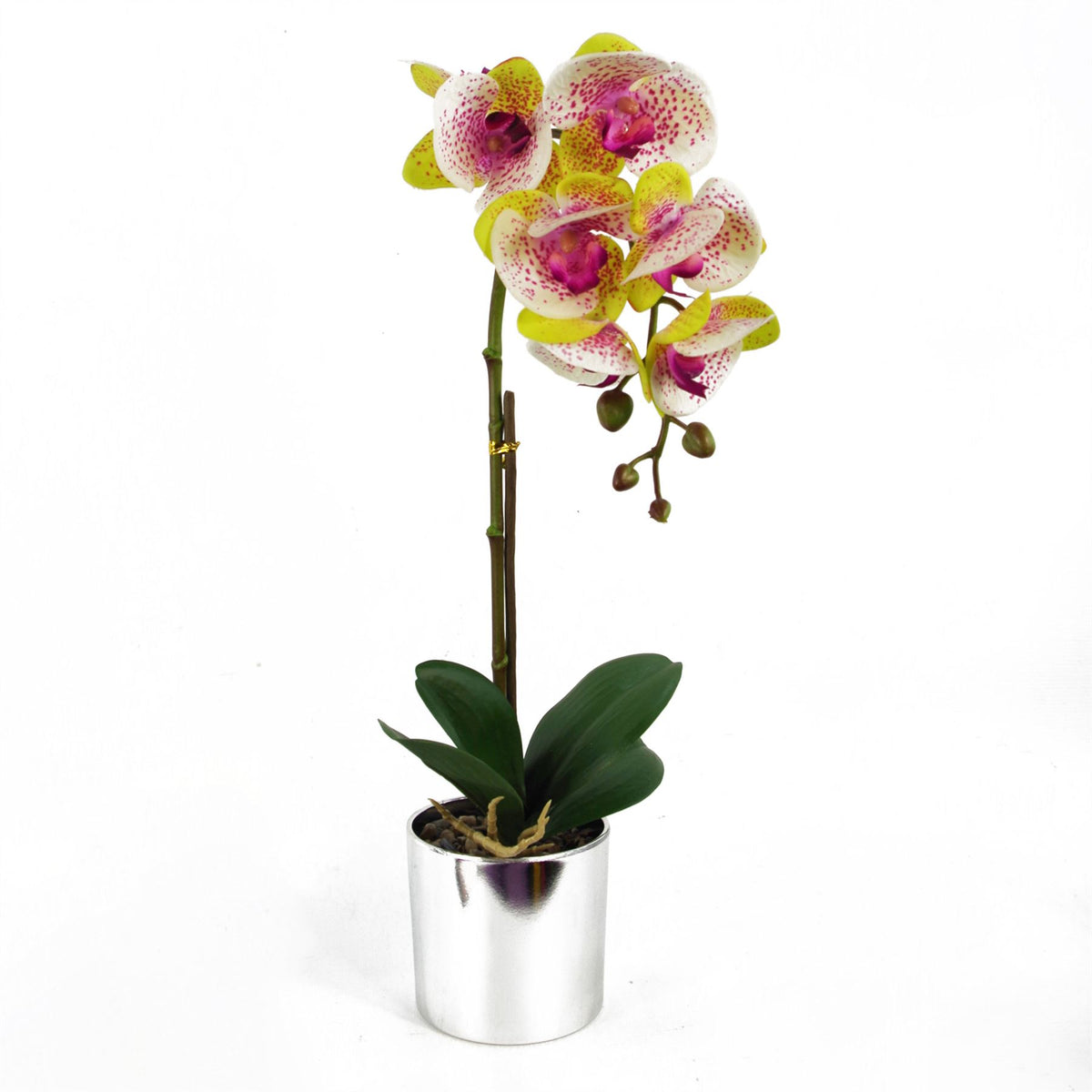 Leaf Artificial Orchid with Real Touch Flowers & Silver Pot – 46cm Realistic Faux Plant, Harlequin Pink