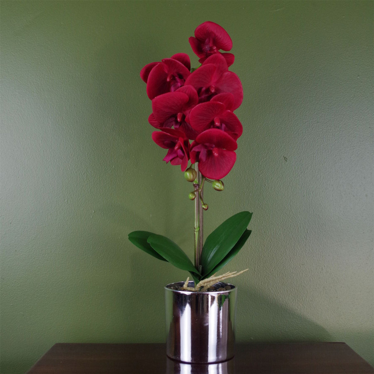 Leaf Artificial Orchid with Real Touch Flowers & Silver Pot – 46cm Realistic Faux Plant, Red