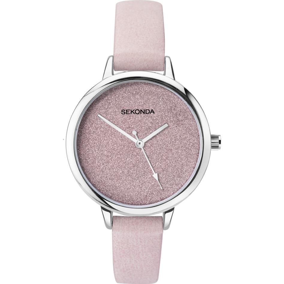 Sekonda Ladies Glitter Dial Watch with Pink Leather Strap