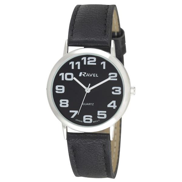 Ravel Classic Easy Read Strap Watch with Black Dial and Black Strap, 36mm – Model R0105.07.1A