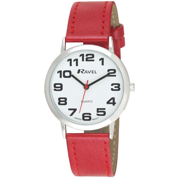 Ravel Large Classic Easy Read Strap Watch with White Dial and Red Strap, 36mm – Model R0105.10.1A