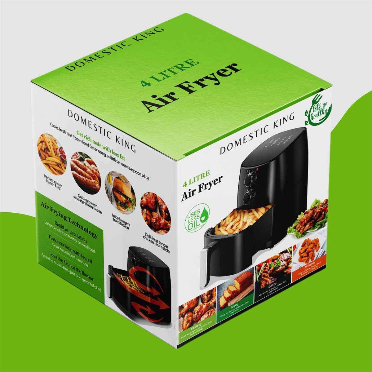 Domestic King 4L Air Fryer with 360° Hot Air Circulation & Free Recipe Book – Healthier Cooking