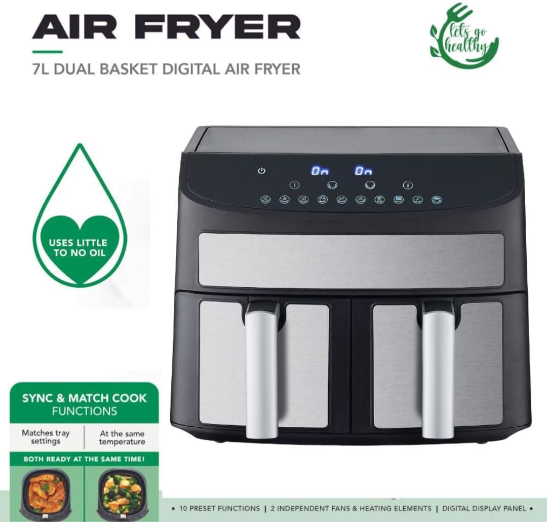 Domestic King 7L Dual Basket Air Fryer, 2400W with Digital Display, Match Cook & Smart Finish – DK18094