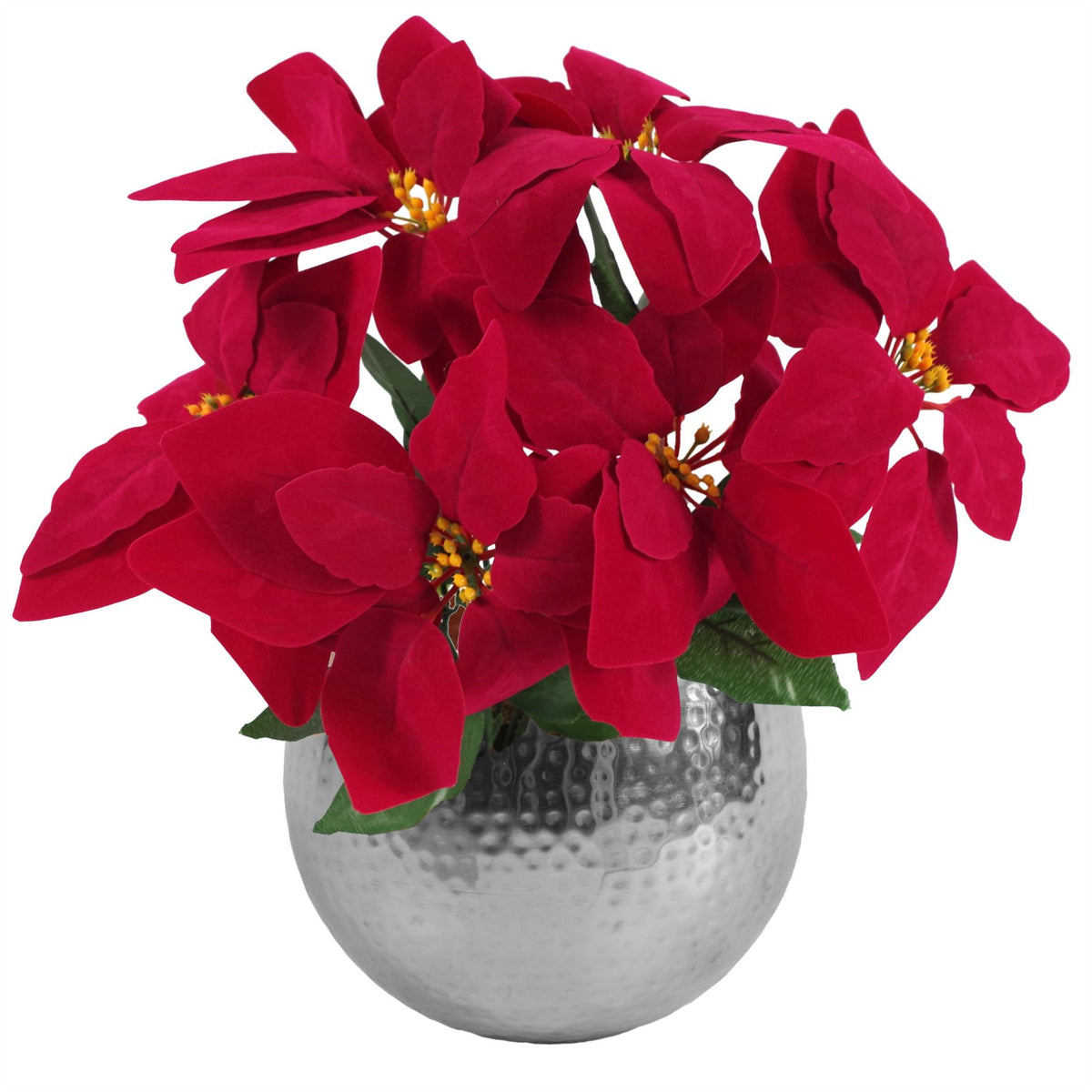 Leaf 40cm Artificial Red Poinsettia with Silver Curved Metal Planter – Christmas Decoration