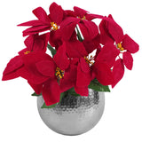 Leaf 40cm Artificial Red Poinsettia with Silver Curved Metal Planter – Christmas Decoration