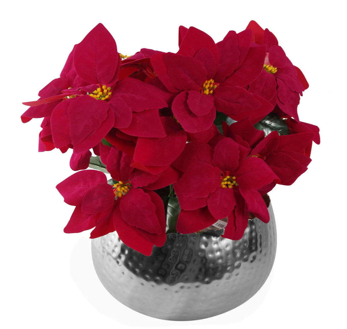 Artificial Christmas Poinsettias, Set of 3 Red Velvet-Touch Plants with Large Silver Hammered Metal Planter