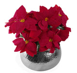 Artificial Christmas Poinsettias, Set of 3 Red Velvet-Touch Plants with Large Silver Hammered Metal Planter