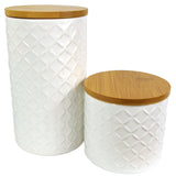 Set of 2 Embossed Cream Ceramic Kitchen Canisters with Bamboo Lids – 720ml and 1400ml Tea, Coffee and Sugar Jars