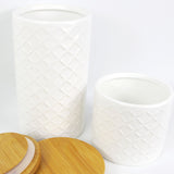 Set of 2 Embossed Cream Ceramic Kitchen Canisters with Bamboo Lids – 720ml and 1400ml Tea, Coffee and Sugar Jars