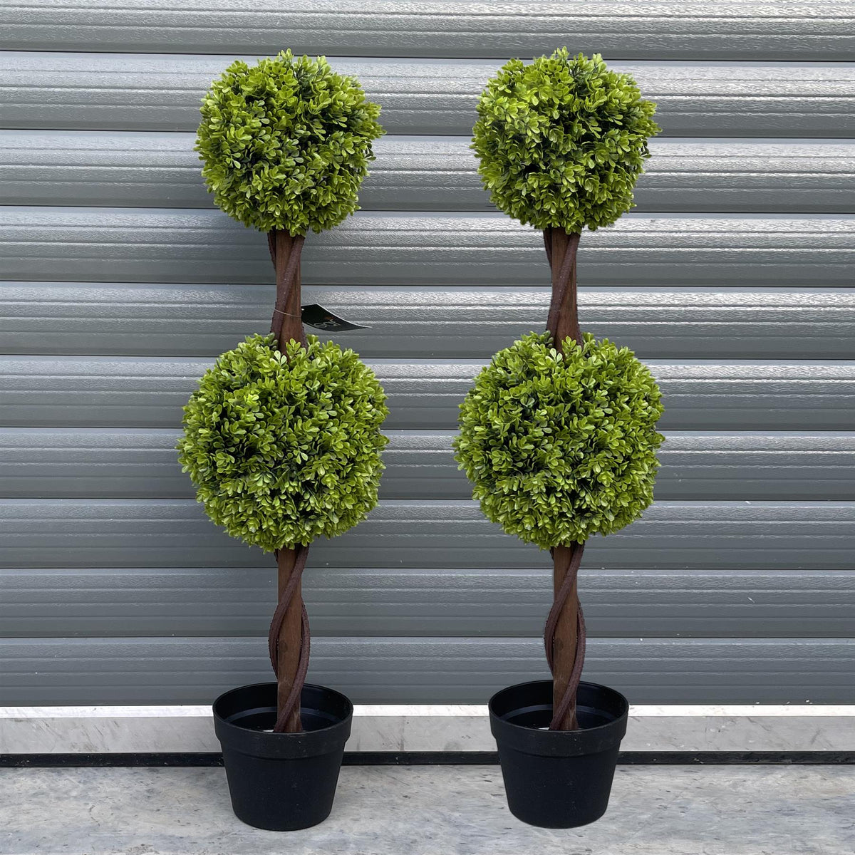 Pair of 90cm Artificial Double Ball Boxwood Topiary Trees in Weighted Black Pots – Outdoor Faux Plants, Green