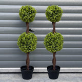 Pair of 90cm Artificial Double Ball Boxwood Topiary Trees in Weighted Black Pots – Outdoor Faux Plants, Green