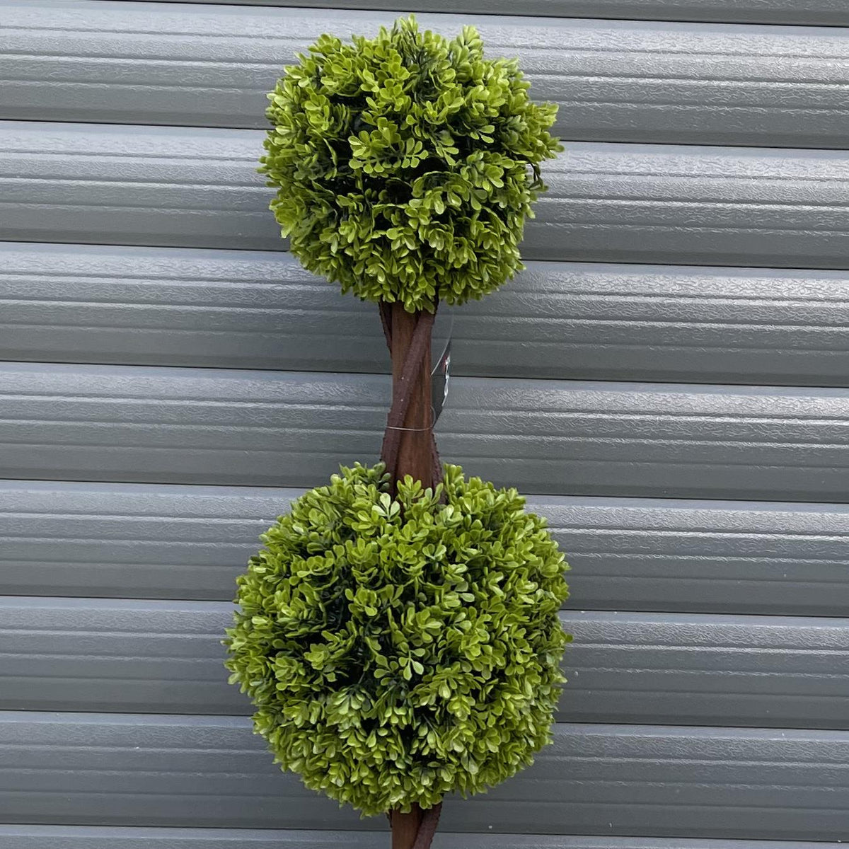 Pair of 90cm Artificial Double Ball Boxwood Topiary Trees in Weighted Black Pots – Outdoor Faux Plants, Green