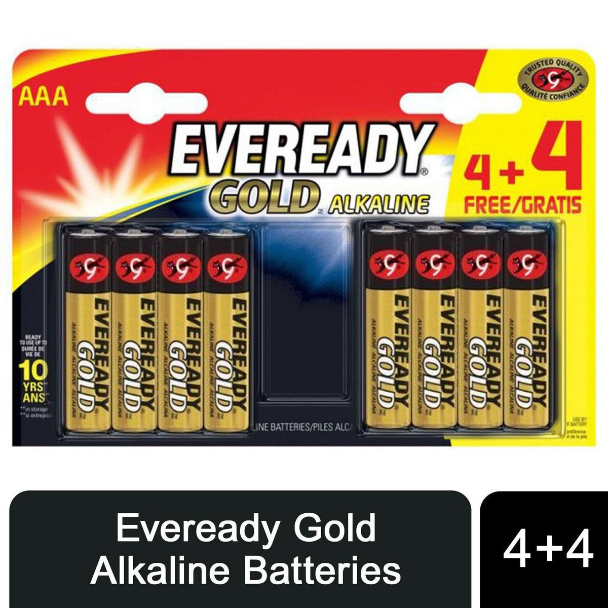 Eveready Gold Alkaline AAA/LR03 Batteries, 8 Pack (4 + 4) – Long Shelf Life Power for Remotes & Toys
