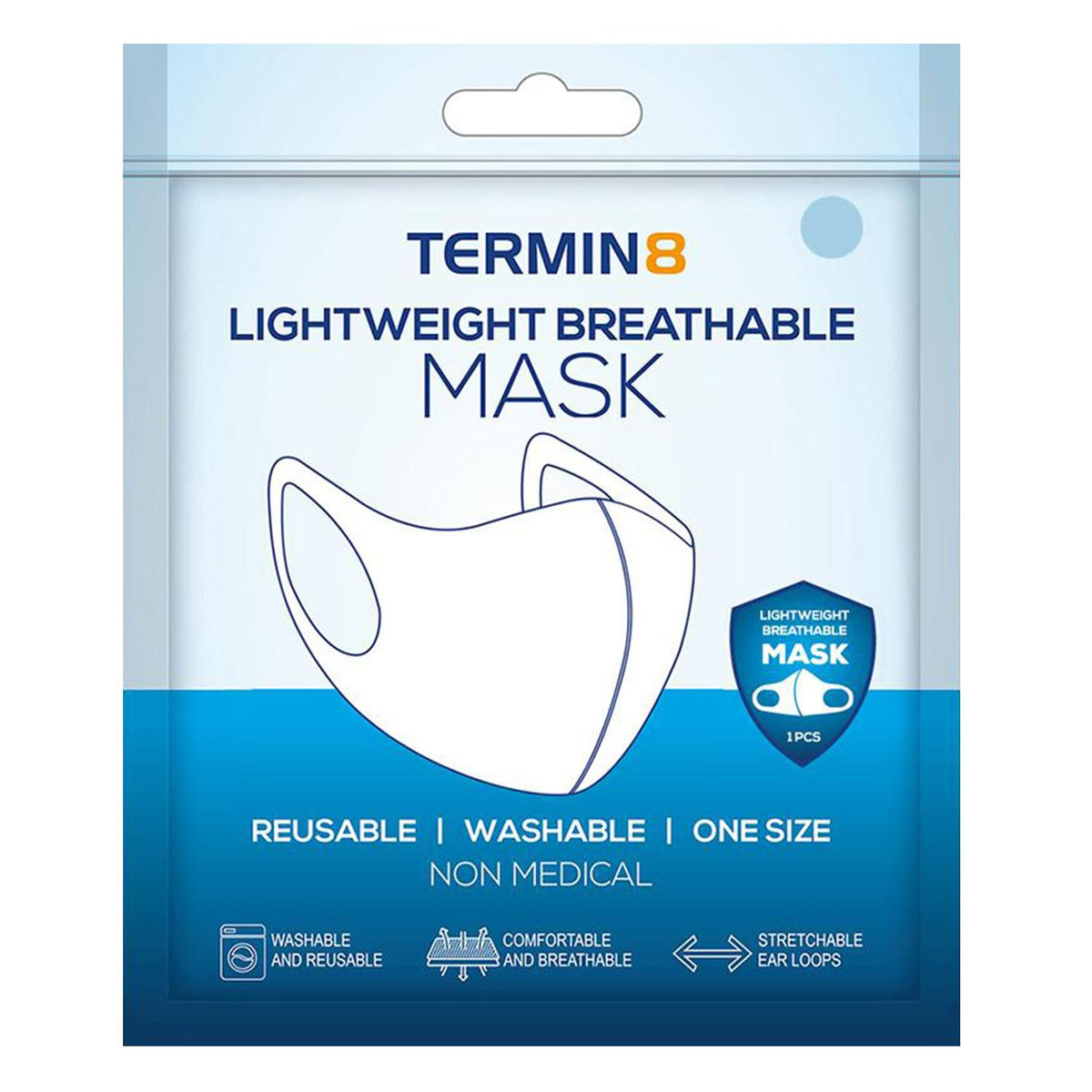 Termin8 Water Repellent Reusable Face Mask with Double Layer & Stretchy Earloops – Adult/Teen, Blue