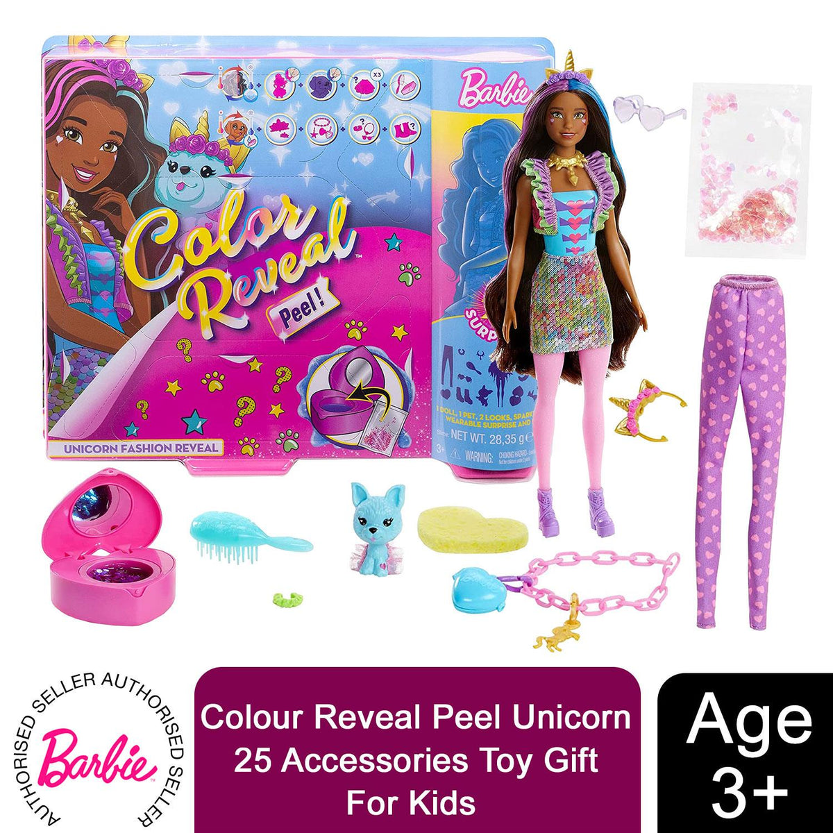 Barbie Colour Reveal Peel Unicorn Doll with 25 Surprises & Accessories – Colour-Change Gift for Kids