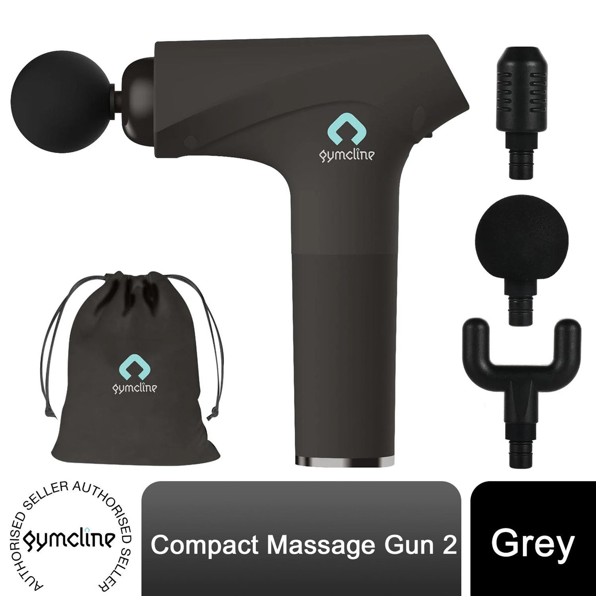 Gymcline Compact Massage Gun with 1500mAh Battery, 3 Speed Modes and 3 Massage Heads – Muscle Recovery, Grey