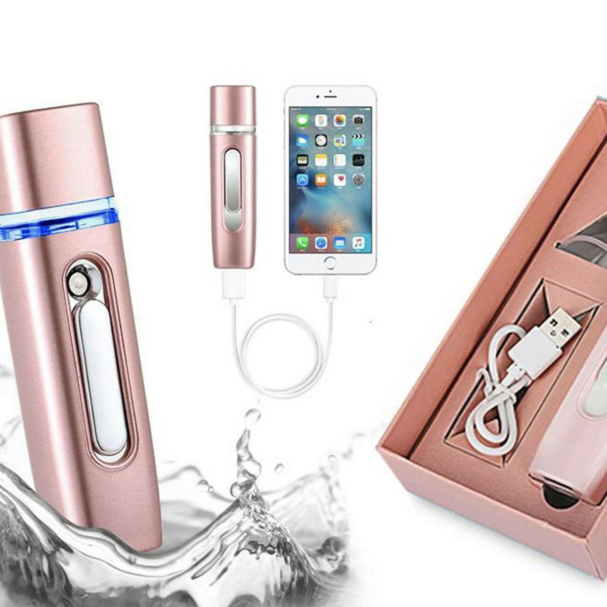 2 in 1 Portable Nano Mist Facial Sprayer with 2800mAh Power Bank – Handheld, USB Rechargeable, Rose Gold