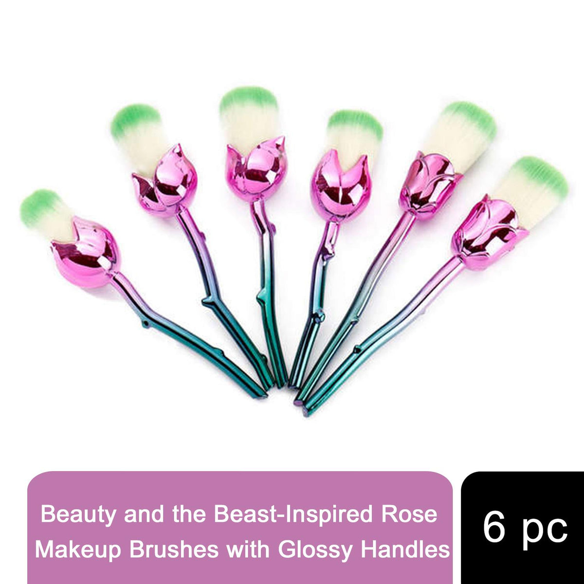 Aquarius 6-Piece Beauty and the Beast-Inspired Rose Makeup Brush Set with Glossy Handles – Blush & Powder