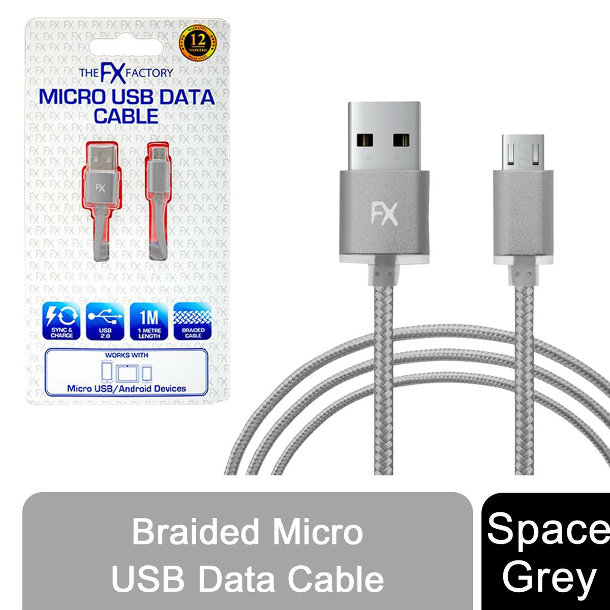 FX Powabud Braided Micro USB Data Cable, 1m – Fast Sync and Charge Lead, Space Grey