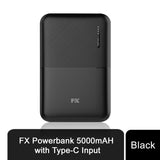 FX Power Bank 5000mAh with USB-C Input, 2 USB Outputs & LED Indicator – Portable Smartphone Charger, Black