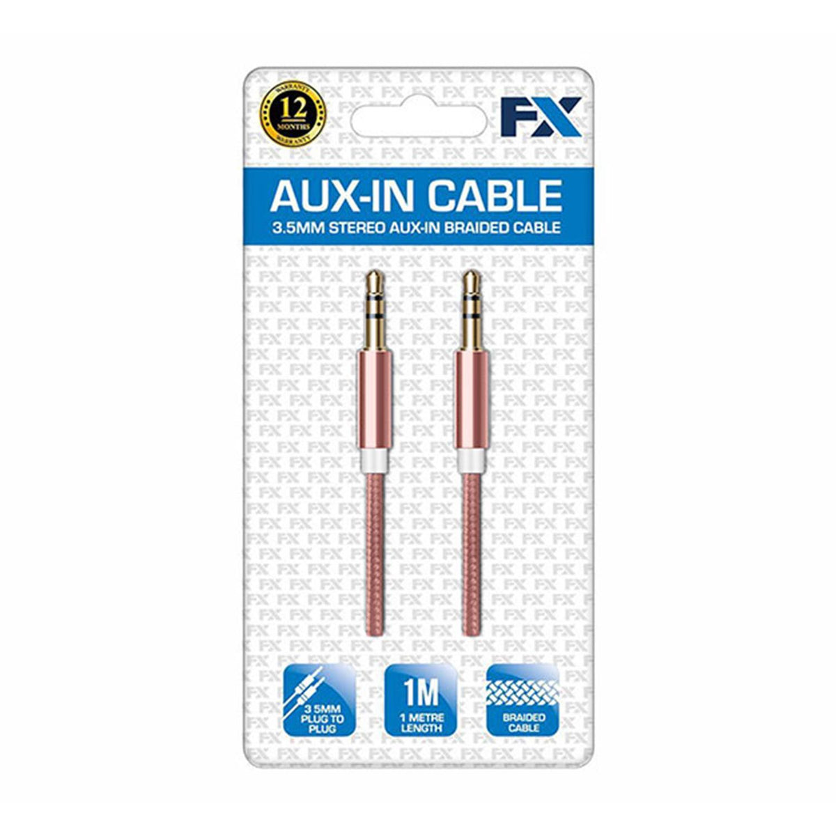 FX Powabud 3.5mm Braided Aux Cable, 1m – Gold-Plated Audio Lead for Phones, Speakers and Car Stereos, Rose Gold