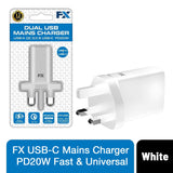 FX USB-C Mains Charger, PD 20W Fast Charging Plug with Universal Compatibility – White