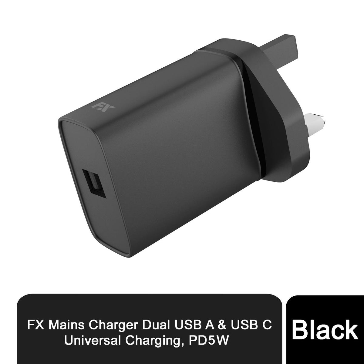 FX 1A USB Mains Charger – Compact Single-Port Plug Charger with Short-Circuit Protection, Black