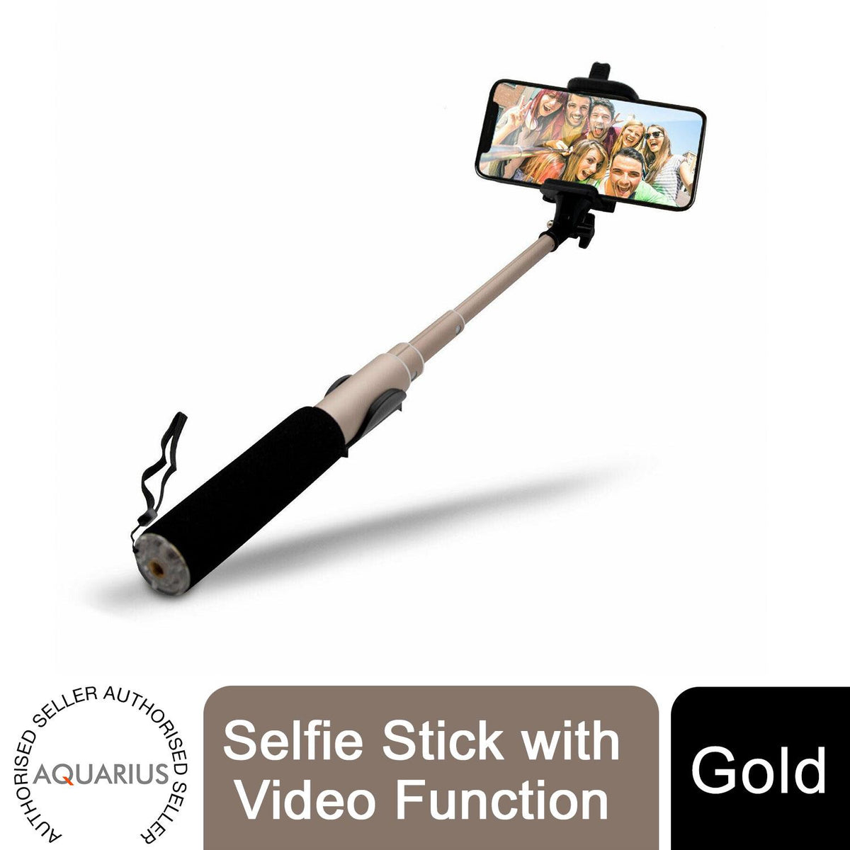 Aquarius Video Selfie Stick with Bluetooth Remote – Extendable 18–60cm Aluminium Monopod, Gold