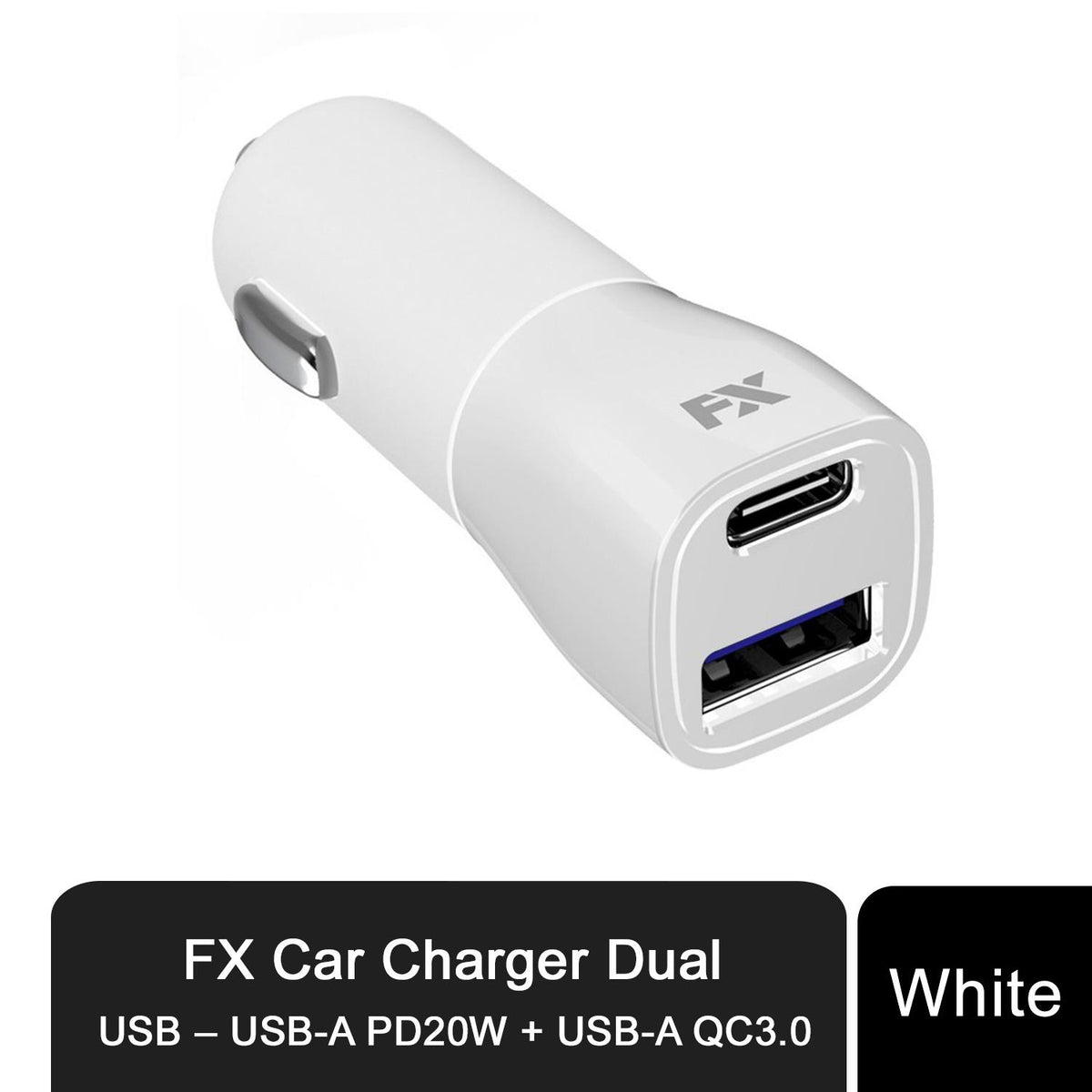 FX Dual USB Car Fast Charger with 20W PD and QC3.0 – Multi-Protection In-Car Charging, White