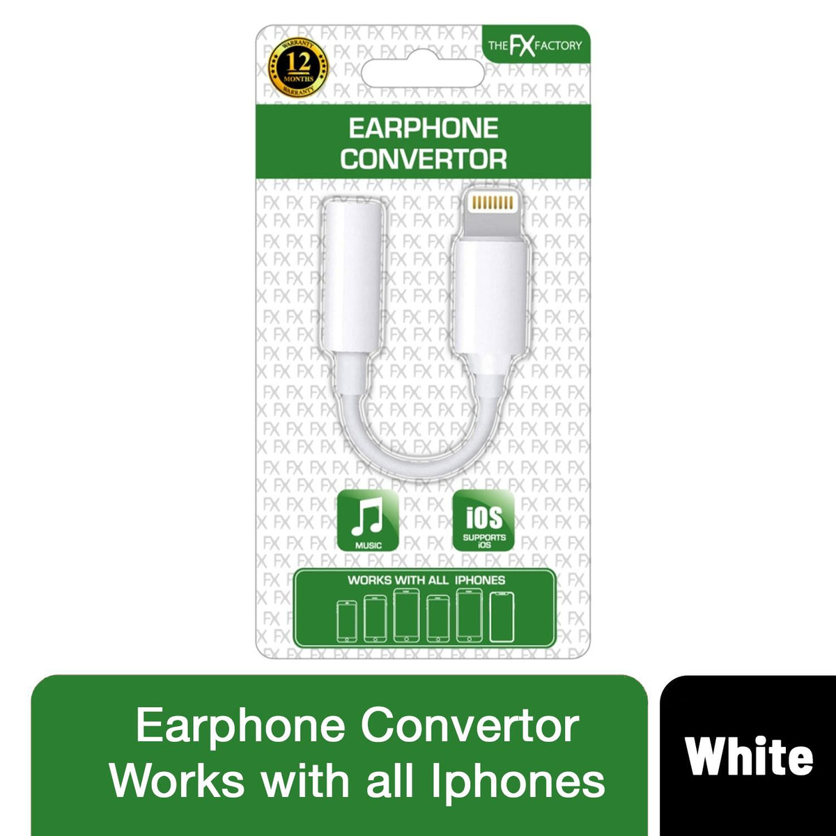 FX Earphone Converter, Phone 8-Pin to 3.5mm Aux with Premium Sound Quality – White