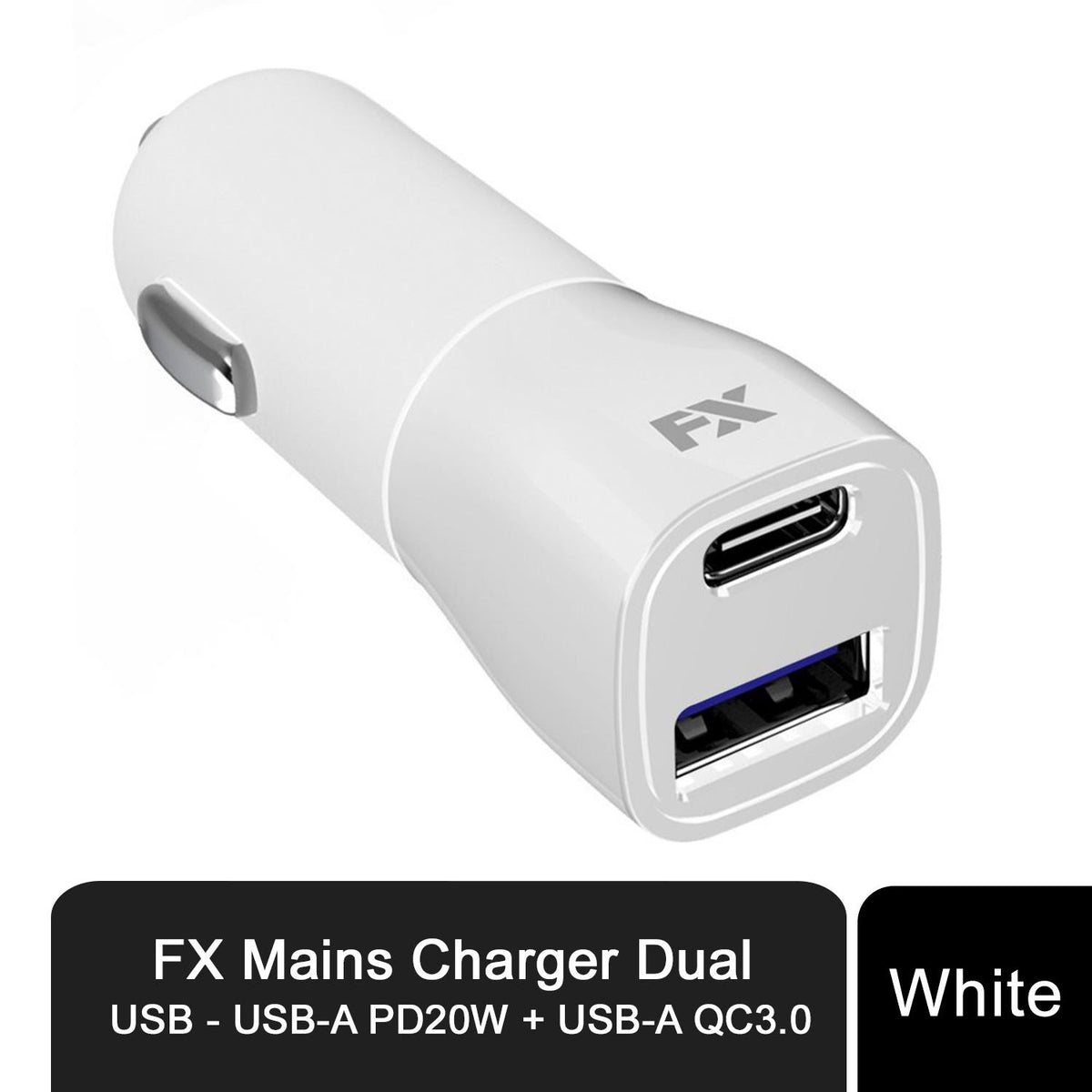 FX Dual USB Mains Charger with 20W USB-C PD and QC3.0 USB-A Ports – Fast Phone Charging, White