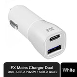 FX Dual USB Mains Charger with 20W USB-C PD and QC3.0 USB-A Ports – Fast Phone Charging, White