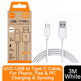 GVC USB to Type C Cable, 3m – Fast Charging and Data Syncing for Phone, Pad and PC, White