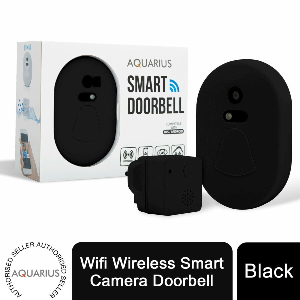 Aquarius Wireless WiFi Smart Video Doorbell with Night Vision & Two-Way Audio – Anti-Theft Alarm, Black