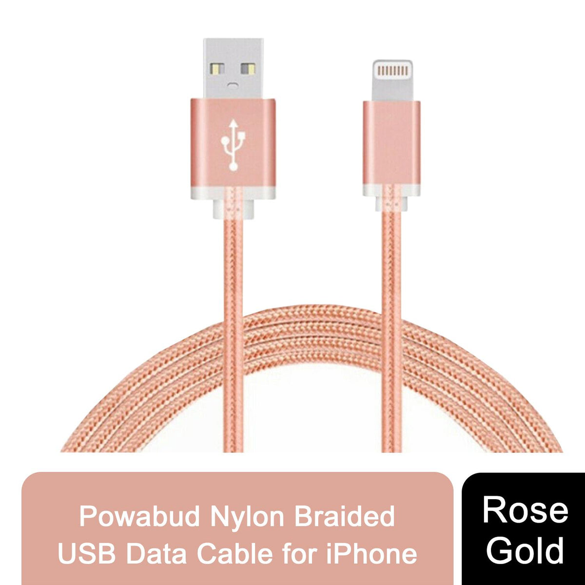FX Powabud Nylon Braided USB Data Cable for Phones – 1m Fast Charging & Sync Lead, Rose Gold