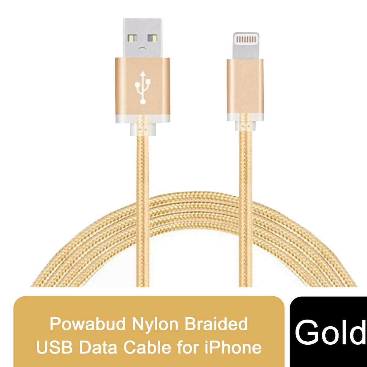 FX Powabud Nylon Braided USB to 8 Pin Data Cable, 1m – Durable Fast Charging and Sync, Gold