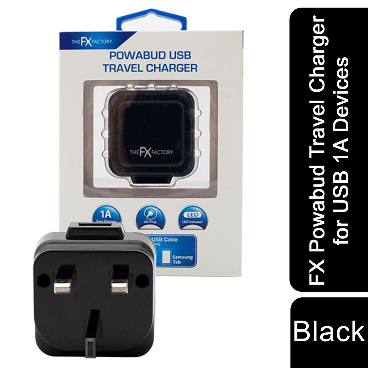 FX Powabud Mains USB Charger 1A – Compact Travel Charger for Phones, Tablets & Micro USB Devices, Black